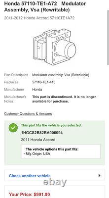 2011 2012 Honda Accord Coupe 3.5l V6 Vsa Anti Lock Abs Module De Pompe 57110-te1-415